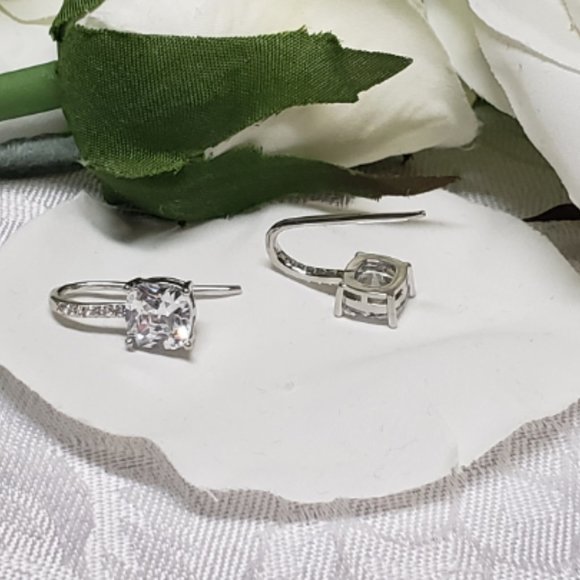 Square Cubic Zirconia Small Hoop Drop Dangle Earrings Fashion Jewelry - Picture 3 of 4